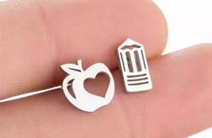 SILVER - Apple & pencil stainless steel stud pack add on - 1 pair
