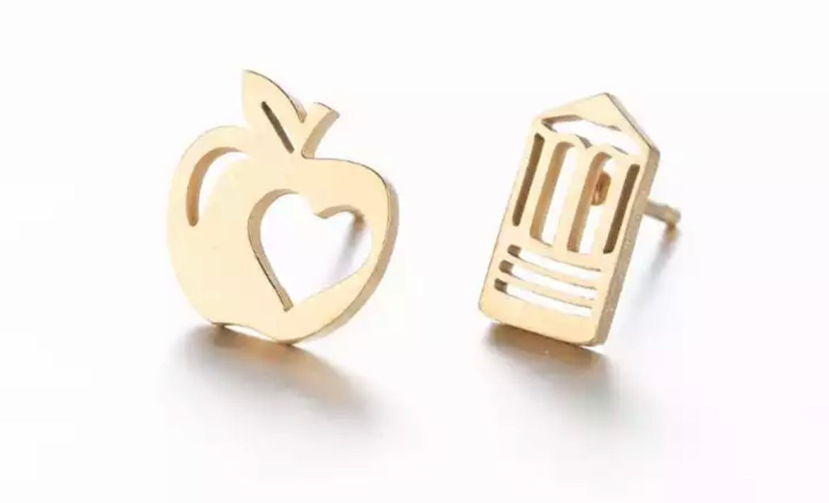 Gold - Apple & pencil stainless steel stud pack add on - 1 pair