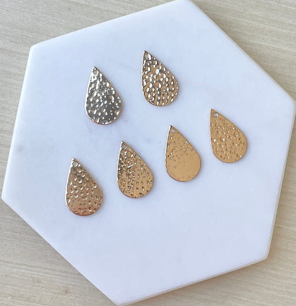 Light Gold plated brass hammered large drop charms x 6 pieces