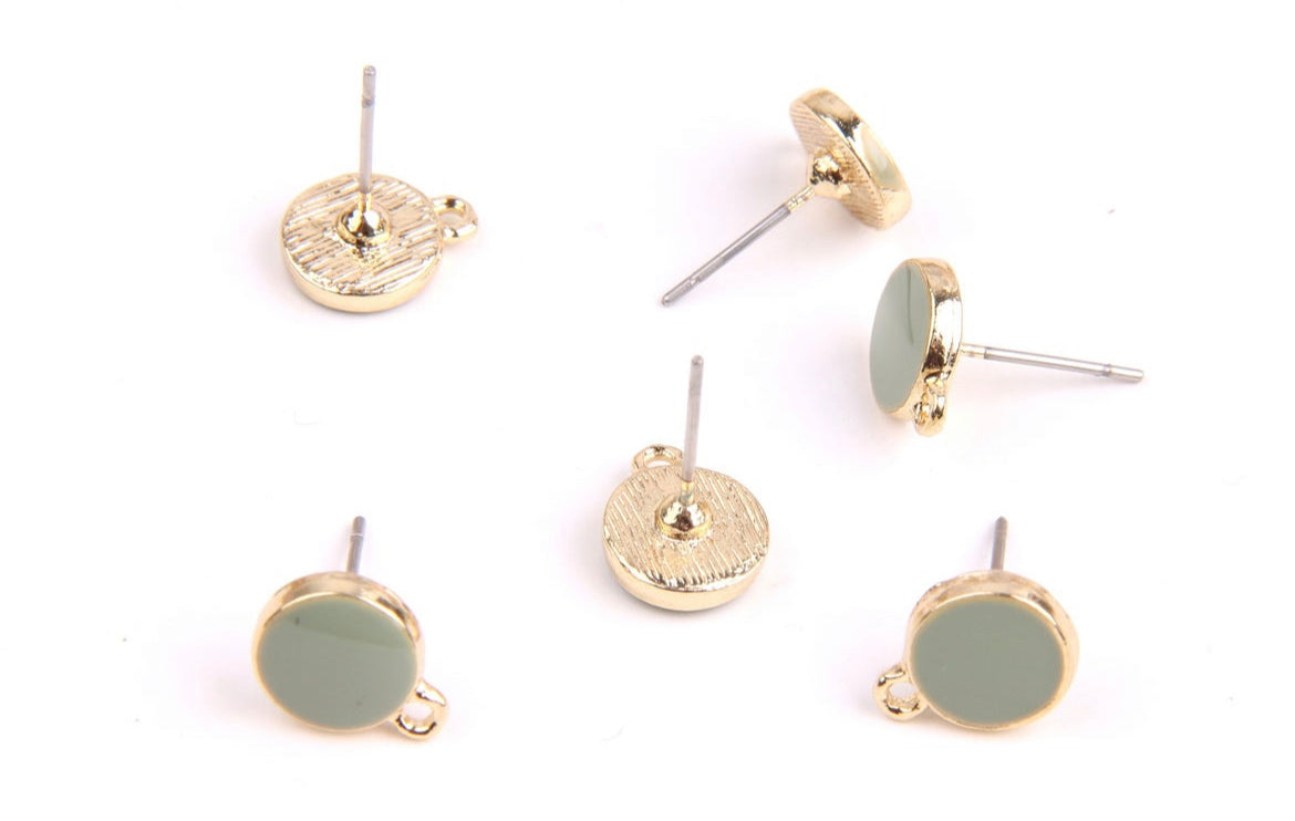 Sage green enamel & gold plated round stud tops x 8 pieces