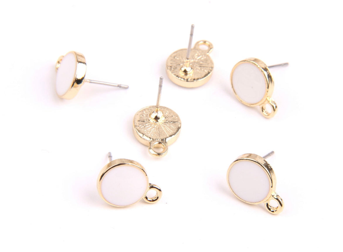 White enamel & gold plated round stud tops x 8 pieces