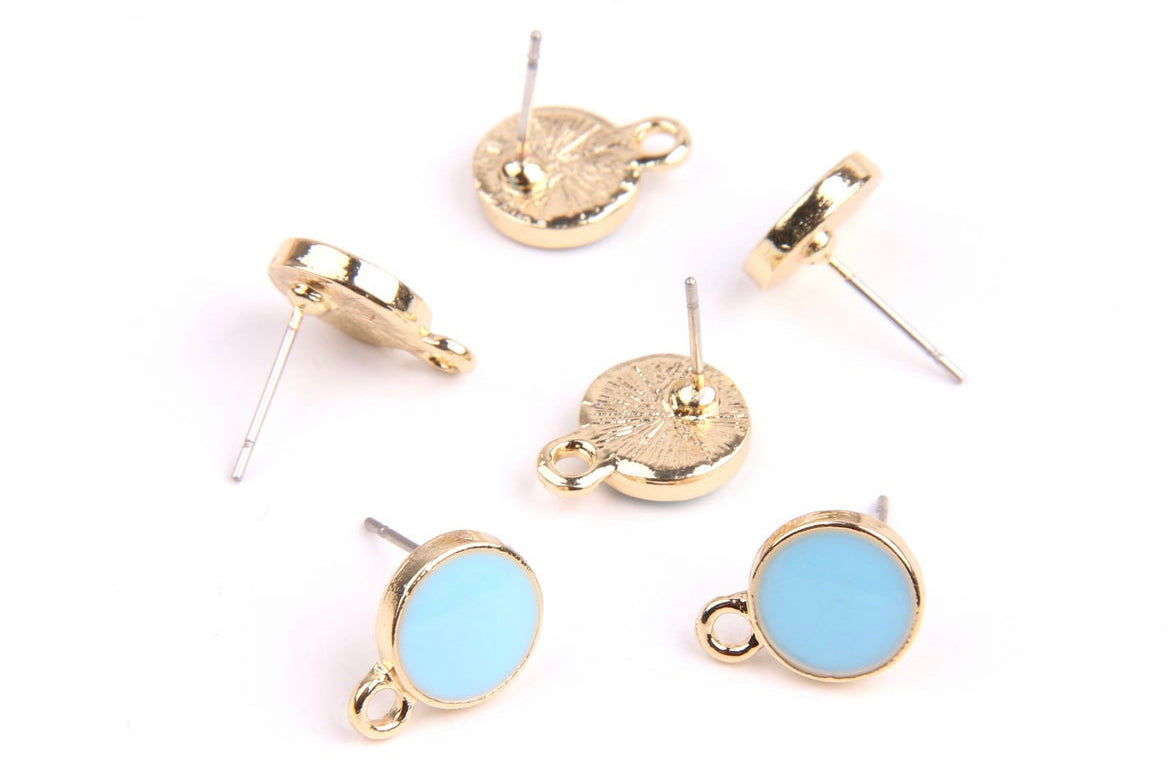 Baby blue enamel & gold plated round stud tops x 8 pieces