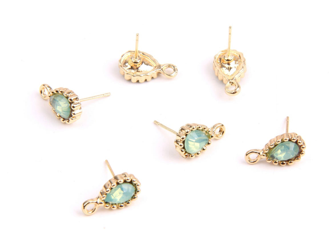 Green & gold plated tear drop stud tops x 6 pieces