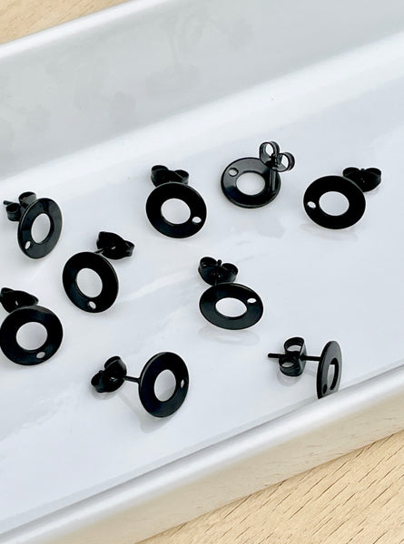 Black stainless steel round stud earring post - 20 x pieces