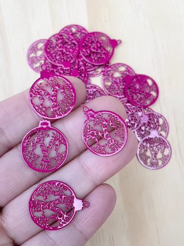 Magenta candy cane circle charms x 4
