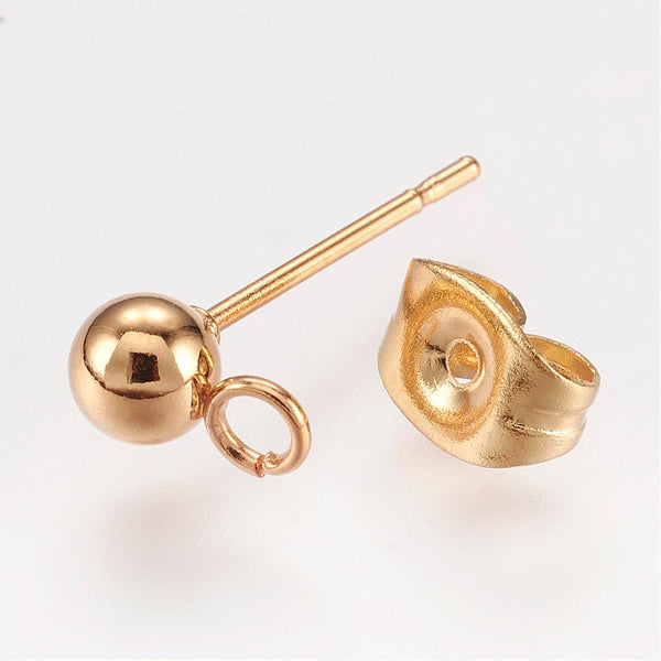 4mm gold plated stainless steel genuine 24k plating ball studs tops x 10 & 10 backs