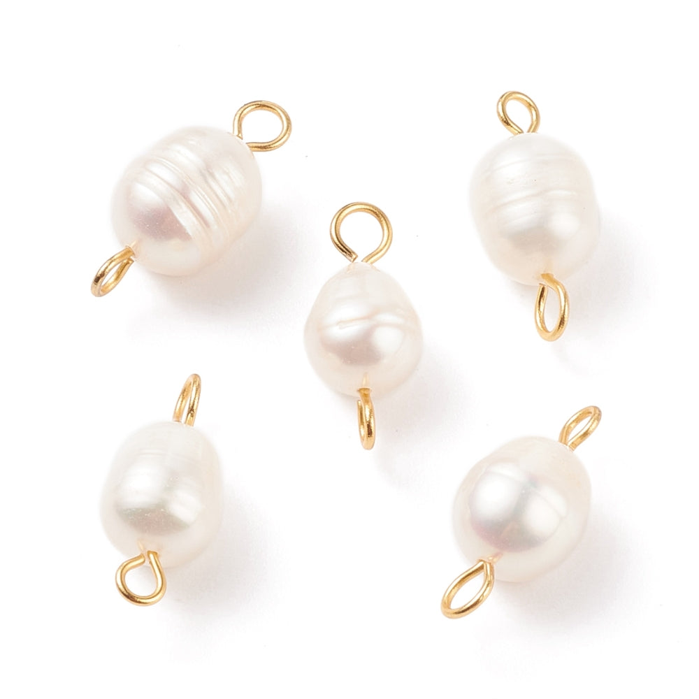 B grade natural fresh water pearl - gold charms double hole connector - pack of 6