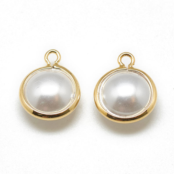 Genuine 18K gold plated border white round pearl look charms - pack of 6