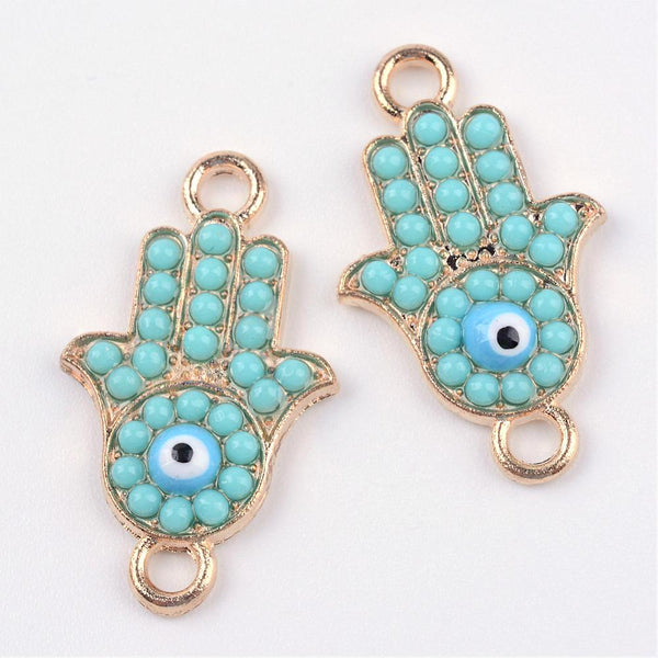 Turquoise & gold hand double connector charms x 6 pieces