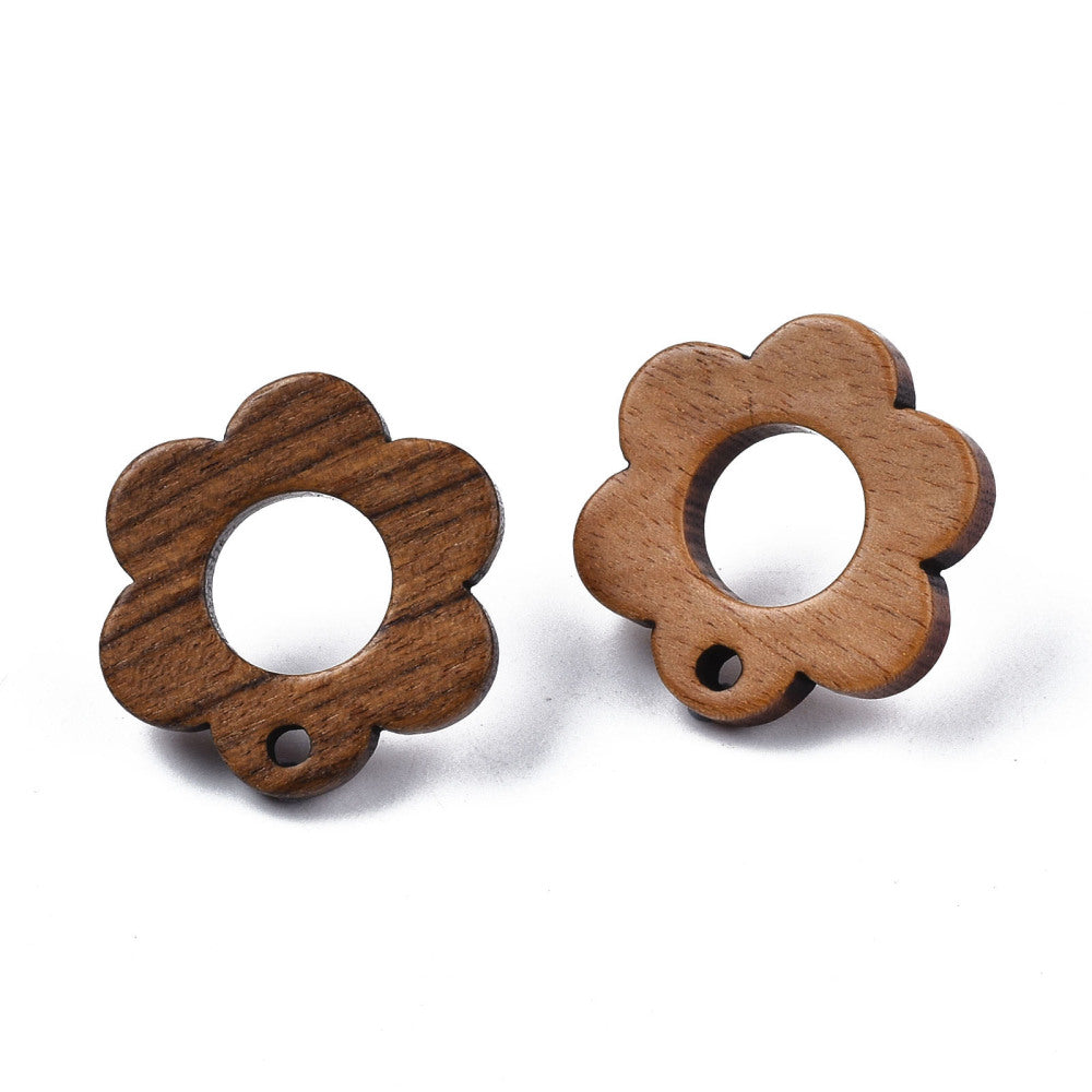Walnut stud tops with stainless steel posts x 6 pieces - Flower shape