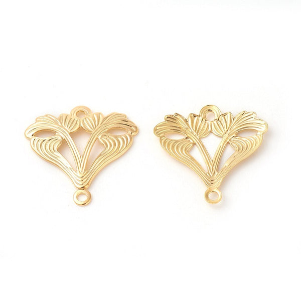 Gold plated art deco style leaf double hole connector charms x 6