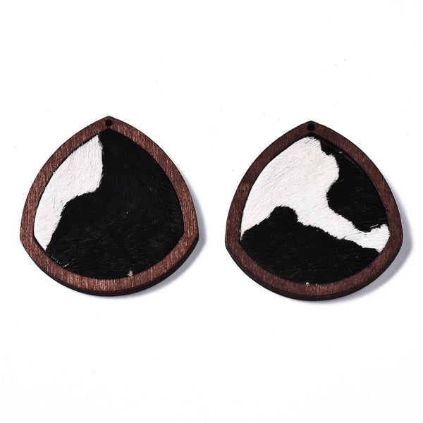 Wood & cowhide rounded triangular cow print charms x 2 pieces, 1 pair.