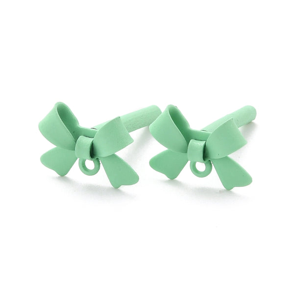 Green bow stud tops with 925 sterling silver posts - x 4 pieces