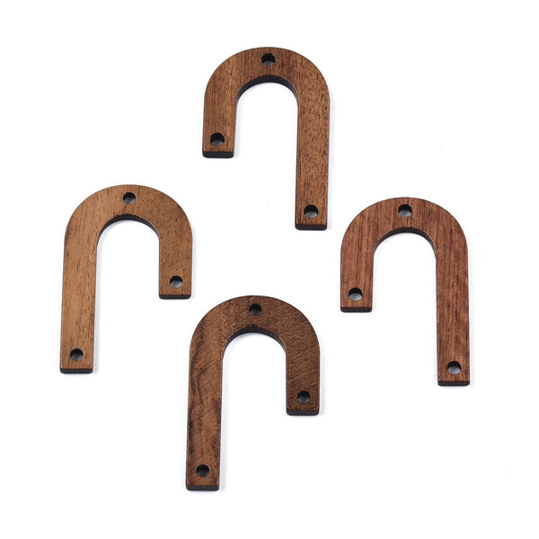 J shape walnut wood charms/connectors x 4 pieces