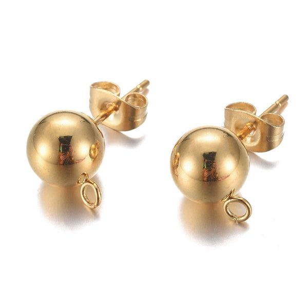 Large 8mm Genuine solid 24k Gold plated stainless steel ball studs & backs x 10 pieces