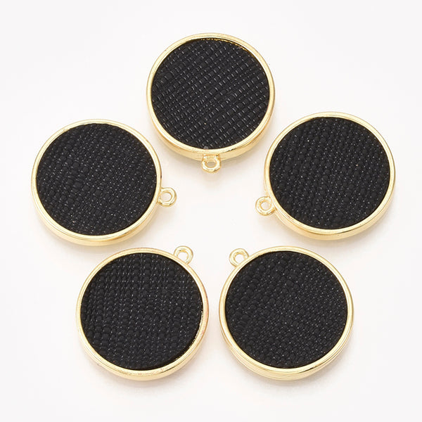 Gold plated round black imitation leather charms x 6 pieces